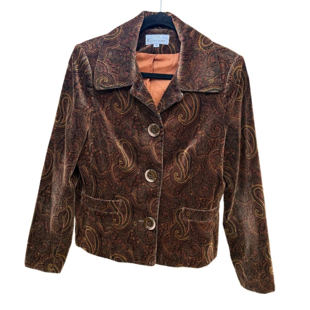 Elliott Lauren Womens Paisley Velveteen Blazer Jacket Size 10 Cotton Front Brown